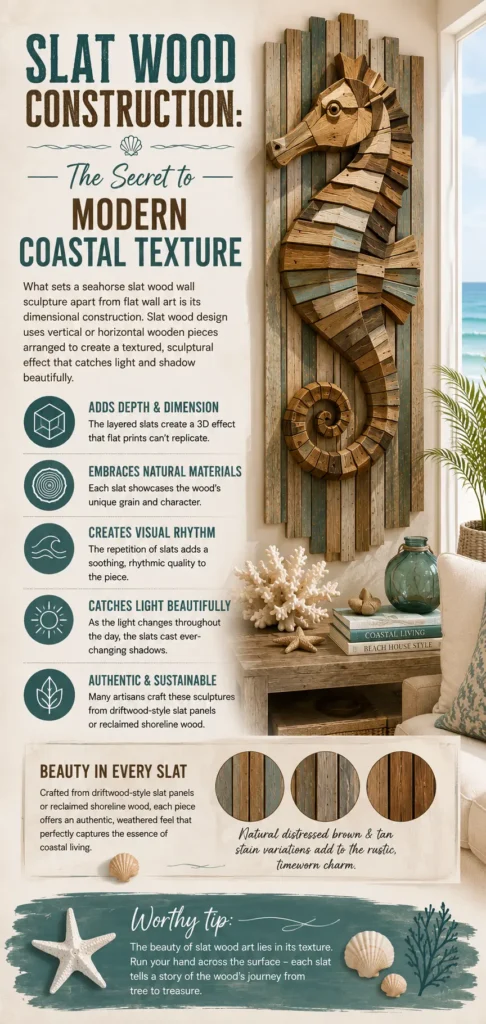 Slat Wood Construction: The Secret to Modern Coastal Texture." Features a 3D wooden seahorse wall sculpture on distressed blue and natural wood slats, styled above a wooden console table with coral and glass decor. Key benefits listed on the left include: Adds Depth & Dimension, Embraces Natural Materials, Creates Visual Rhythm, Catches Light Beautifully, and Authentic & Sustainable, along with circular close-ups showing distressed wood finishes.