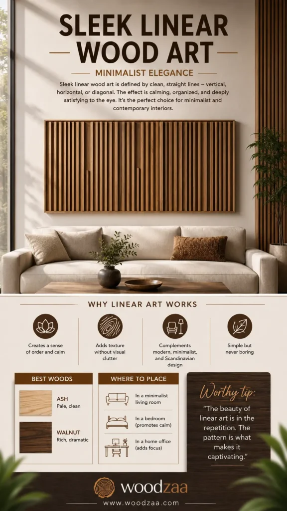 A vertical Pinterest infographic titled "Sleek Linear Wood Art – Minimalist Elegance" by woodzaa. The top displays a modern living room featuring a large, rectangular wall panel made of vertical wooden slats hung above a beige sofa with neutral cushions. The bottom half includes informational sections outlining "Why Linear Art Works" with clean icons, "Best Woods" (Ash and Walnut), "Where to Place" (living room, bedroom, home office), and a dark wooden "Worthy Tip" box.