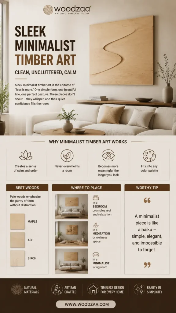 An infographic by Woodzaa titled "Sleek Minimalist Timber Art – Clean, Uncluttered, Calm." The top features a large, square light-wood panel with a single carved, flowing line mounted above a modern white sofa. Below, text sections cover "Why Minimalist Timber Art Works" (calm, order, fits any palette), "Best Woods" (Maple, Ash, Birch), and "Where to Place" (bedroom, meditation space, minimalist living room). A "Worthy Tip" compares it to a haiku. Includes the website www.woodzaa.com.