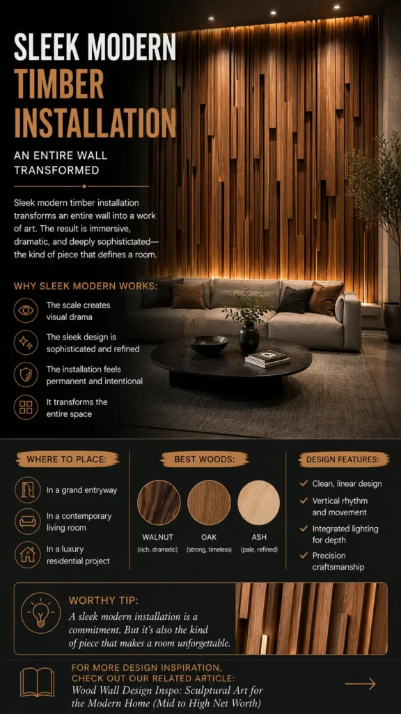 The top visual shows a luxury living room featuring a floor-to-ceiling accent wall made of staggered vertical wood slats with integrated LED lighting behind a modern grey sectional sofa. Below, design guides outline placement ideas (entryways, living rooms), recommended wood species (walnut, oak, ash) with grain swatches, key features like vertical rhythm, and a close-up photo highlighting the warm-lit timber slats.