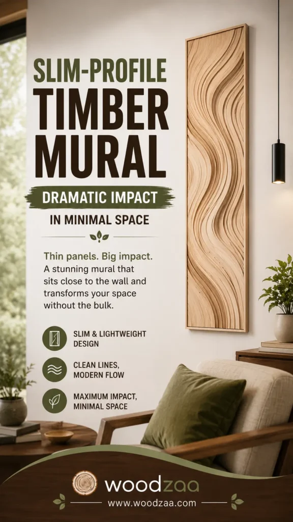 A Pinterest graphic titled "Slim-Profile Timber Mural – Dramatic Impact in Minimal Space." The right side shows a tall, framed light-wood panel with flowing wave carvings lit by a sleek black pendant light, set above an armchair with a green cushion. The left highlights benefits like slim design and modern flow. The bottom displays the Woodzaa logo and www.woodzaa.com.