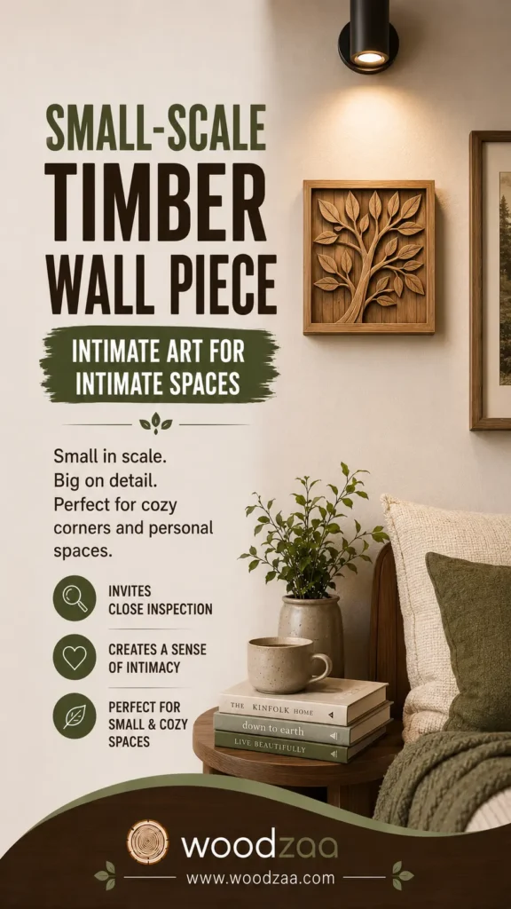 A Pinterest graphic titled "Small-Scale Timber Wall Piece – Intimate Art for Intimate Spaces." On the right, a square framed wood carving of a detailed leafy tree hangs under a sconce light above a bedside table with books, a mug, and a plant. Text on the left emphasizes detailed craftsmanship, cozy aesthetics, and suitability for small spaces. The bottom displays the Woodzaa logo and website www.woodzaa.com.