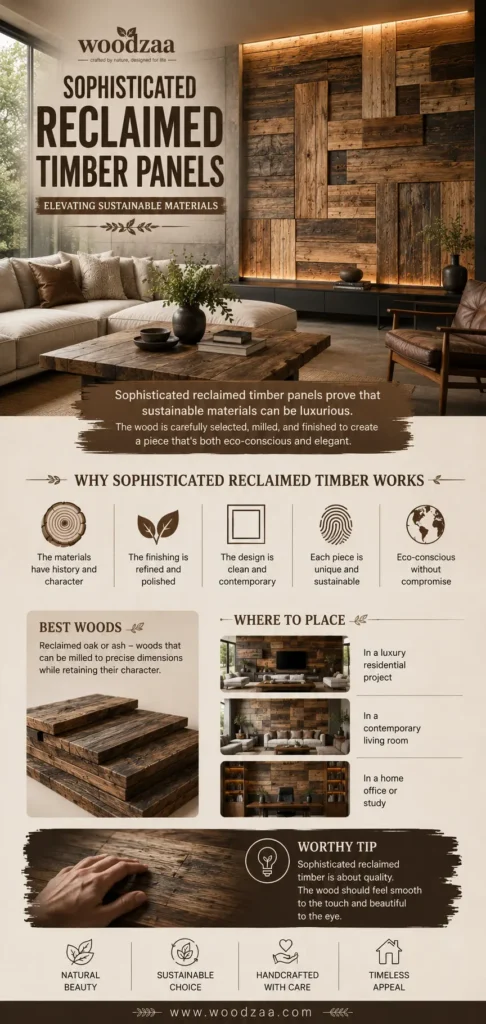An infographic by Woodzaa titled "Sophisticated Reclaimed Timber Panels – Elevating Sustainable Materials." The main image features a luxury, modern living room with a massive floor-to-ceiling accent wall made of geometric, textured reclaimed wood panels behind a cream sectional sofa. The graphic explains why it works with icons for history, refined finishes, and eco-consciousness. It suggests best woods like reclaimed oak or ash and shows styling in a home office or contemporary room.