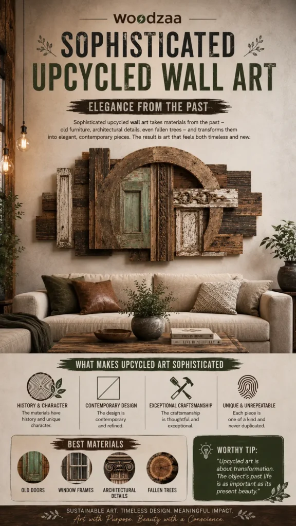 A Pinterest infographic titled "Sophisticated Upcycled Wall Art: Elegance From the Past" by Woodzaa. The center features a textured wall sculpture made of layered reclaimed wood planks, incorporating weathered elements like a distressed green panel door and a large decorative wooden arch. It hangs above a cream sofa with brown and green cushions. The bottom sections detail "What Makes Upcycled Art Sophisticated" and highlights "Best Materials" like old doors, window frames, and architectural details.