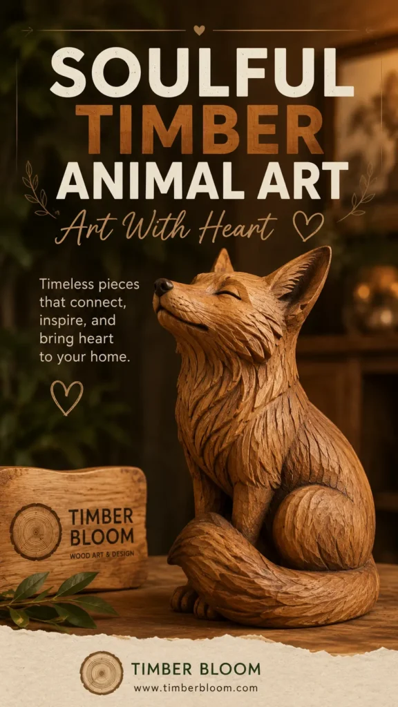 A charming wooden fox sculpture sitting contentedly with its eyes closed and chin tilted upward. Bold text above reads "Soulful Timber Animal Art - Art With Heart" alongside a description for timeless home decor pieces. A small wooden block displays the "Timber Bloom Wood Art & Design" logo, with the website URL "www.timberbloom.com" at the bottom against a warm interior backdrop.