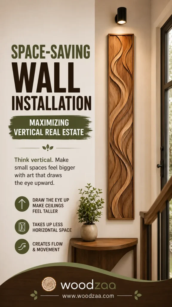 A vertical Pinterest graphic titled "Space-Saving Wall Installation – Maximizing Vertical Real Estate." On the right, a long, narrow wooden panel with flowing, wavy carved lines hangs vertically above a wooden corner console with a potted plant, lit by a black wall sconce. On the left, text highlights drawing the eye upward and saving horizontal space. The bottom displays the Woodzaa logo and website www.woodzaa.com.