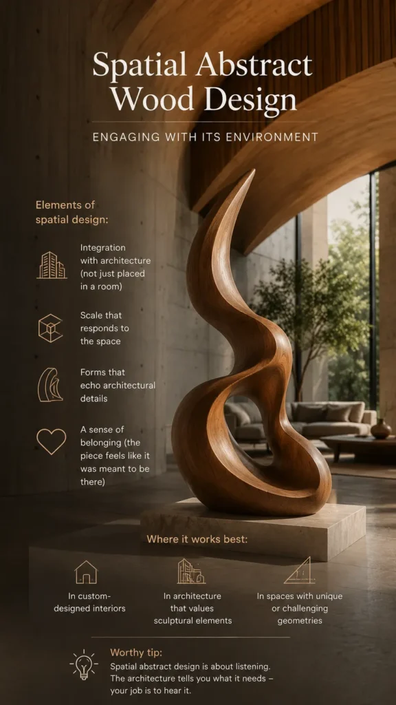 An infographic titled "Spatial Abstract Wood Design – Engaging With Its Environment.webp". On the right, a large, fluidly curved, flame-like abstract wood sculpture sits on a stone base in a brutalist luxury living room with high, arched wooden ceilings. Text on the left outlines "Elements of spatial design" (architectural integration, responsive scale, belonging). Icons at the bottom suggest "Where it works best," including custom-designed interiors and spaces with unique geometries.