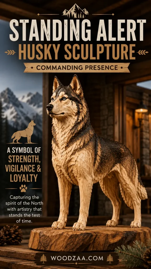 Detailed hand-carved wooden Husky sculpture standing alert on a rustic wooden slab, set outdoors near a cozy cabin with snow-capped mountains in the background. Headline text reads: "STANDING ALERT HUSKY SCULPTURE • COMMANDING PRESENCE - A symbol of strength, vigilance & loyalty. Capturing the spirit of the North with artistry that stands the test of time." Pinterest vertical pin layout featuring a wooden banner at the bottom with "WOODZAA.COM" flanked by pine trees.