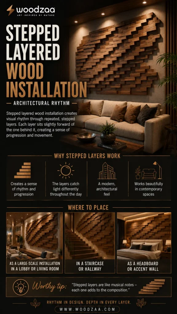 Infographic by Woodzaa titled "Stepped Layered Wood Installation – Architectural Rhythm." The top shows a modern living room with a geometric 3D wood wall art installation of overlapping, stepped horizontal blocks. The middle section explains design benefits like light and depth. The bottom displays three interior design placement ideas: a large-scale lobby display, a diagonal staircase wall, and a bedroom accent wall headboard.