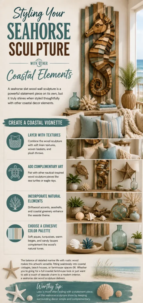 Styling Your Seahorse Sculpture with Other Coastal Elements." Features a 3D wood seahorse wall sculpture above a light coastal sofa, paired with styling tips: Layer with Textures (linen pillows, plush throws), Add Complementary Art (wood sea turtles, eagle rays), Incorporate Natural Elements (driftwood, seashells, glass floats), and Choose a Cohesive Color Palette (aquas, soft blues, warm beiges) for a complete beach house look.