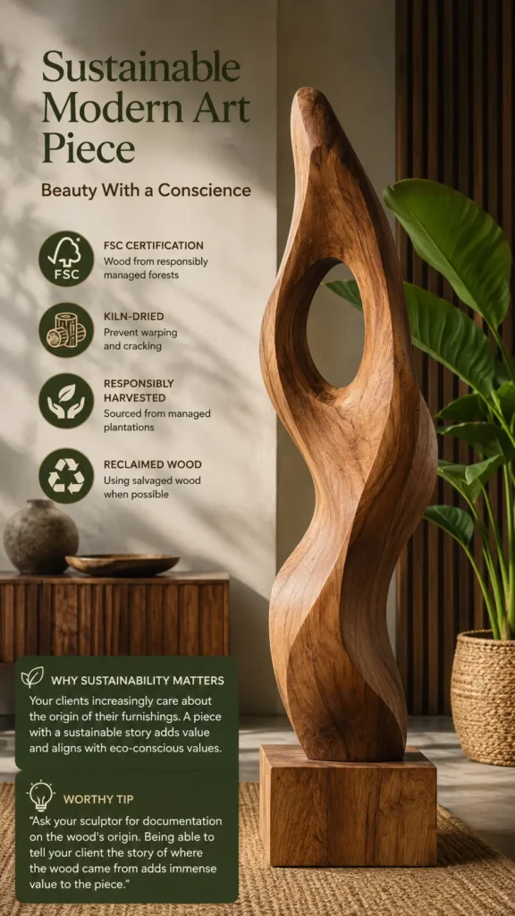 An infographic titled "Sustainable Modern Art Piece – Beauty With a Conscience." On the right, a tall, wavy abstract wood sculpture with a central circular cutout stands on a block beside a potted plant. On the left, icons and text outline key practices: FSC Certification, kiln-dried wood, responsibly harvested sources, and reclaimed wood. A section explains why sustainability matters for eco-conscious values, paired with a tip to ask the sculptor for wood origin documentation.