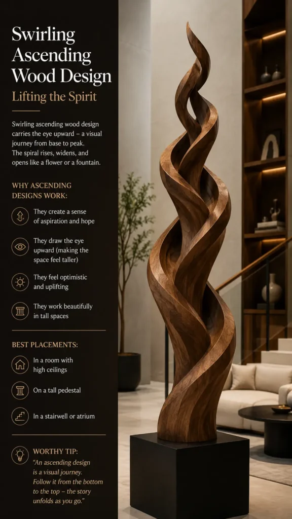 An infographic titled "Swirling Ascending Wood Design – Lifting the Spirit." The right side showcases a tall, dynamic wooden sculpture featuring dramatic, flame-like spiral curves that twist upward to a sharp peak, resting on a black block in a modern living space. The left side lists why ascending designs work (creating a sense of aspiration and drawing the eye upward) and notes the best placements, such as rooms with high ceilings or stairwells. A "Worthy Tip" quote is at the bottom.