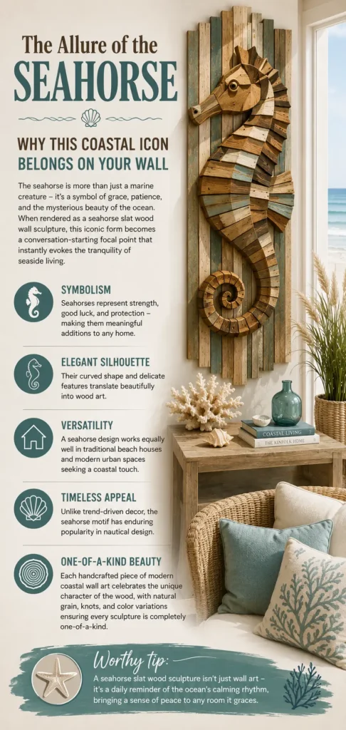 The Allure of the Seahorse: Why This Coastal Icon Belongs on Your Wall." Features a large 3D wooden seahorse sculpture mounted on distressed teal and natural wood slats, hung above a wooden console table with white coral and a coastal sofa. Left column details five key features: Symbolism, Elegant Silhouette, Versatility, Timeless Appeal, and One-of-a-Kind Beauty, with a "Worthy Tip" box highlighting its calming ocean aesthetic.