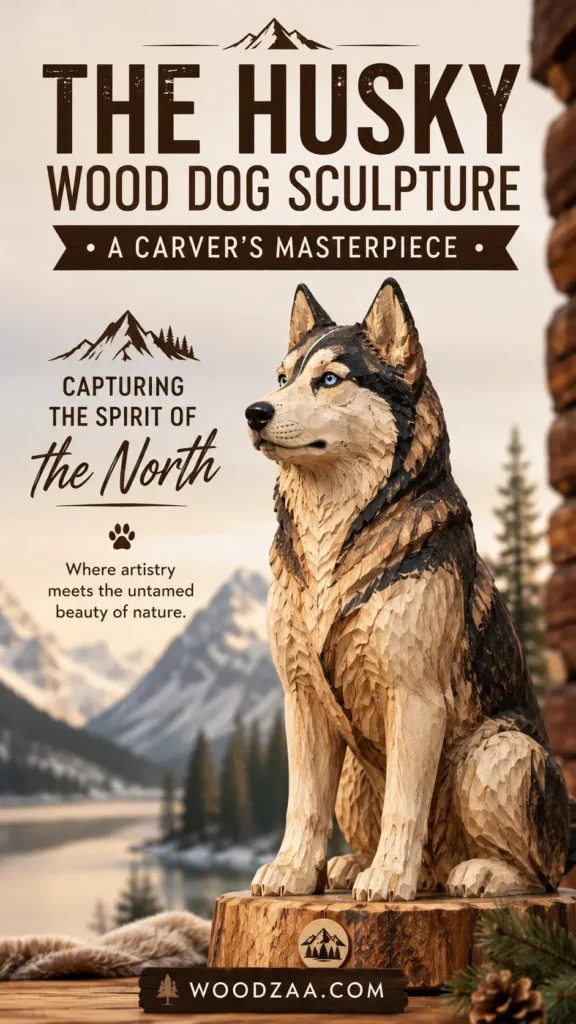 Detailed hand-carved wooden Husky sculpture with blue eyes, sitting upright on a rustic tree stump base overlooking a scenic backdrop of snow-capped mountains and an alpine lake. Overlay text reads: "THE HUSKY WOOD DOG SCULPTURE • A CARVER'S MASTERPIECE • Capturing the spirit of the North - Where artistry meets the untamed beauty of nature." Pinterest vertical layout featuring a wooden banner at the bottom displaying "WOODZAA.COM" flanked by pine tree icons.