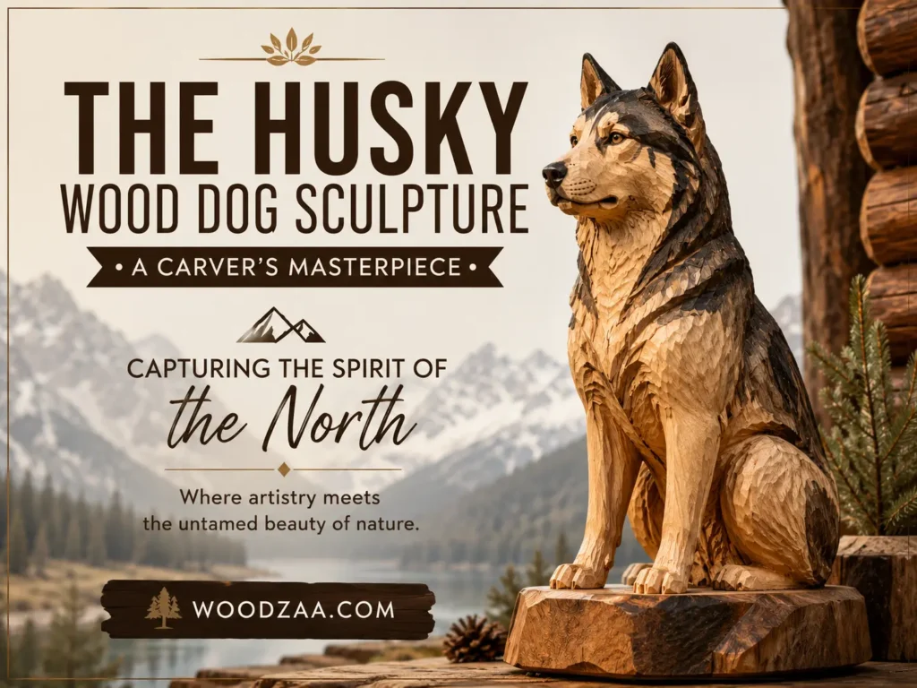 Hand-carved wooden Husky dog sculpture seated on a natural timber base, framed against snow-capped mountains and a pristine alpine lake. Headline text reads: "THE HUSKY WOOD DOG SCULPTURE • A CARVER'S MASTERPIECE • Capturing the spirit of the North - Where artistry meets the untamed beauty of nature." Rustic wooden banner at the bottom left reads "WOODZAA.COM" alongside a pine tree icon.