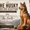 Hand-carved wooden Husky dog sculpture seated on a natural timber base, framed against snow-capped mountains and a pristine alpine lake. Headline text reads: "THE HUSKY WOOD DOG SCULPTURE • A CARVER'S MASTERPIECE • Capturing the spirit of the North - Where artistry meets the untamed beauty of nature." Rustic wooden banner at the bottom left reads "WOODZAA.COM" alongside a pine tree icon.
