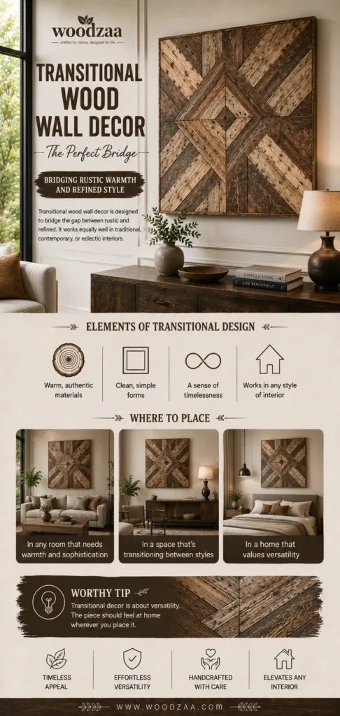 An infographic by Woodzaa titled "Transitional Wood Wall Decor – The Perfect Bridge." The main image shows a large, square wooden wall art panel with a geometric diamond and chevron pattern hanging above a dark wood sideboard table. The graphic details "Elements of Transitional Design" with icons for authentic materials, simple forms, timelessness, and versatility. Three smaller lifestyle images display the art in a living room, a hallway console area, and a bedroom above the bed.