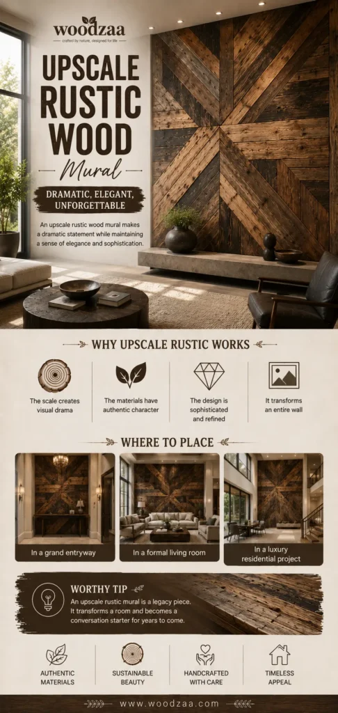 An infographic by Woodzaa titled "Upscale Rustic Wood Mural – Dramatic, Elegant, Unforgettable." The main image shows a luxury modern living room with a massive floor-to-ceiling accent wall mural featuring a bold starburst geometric pattern made of textured, reclaimed dark wood panels. The graphic explains why it works with icons for scale, authentic character, and refinement. Three smaller images demonstrate styling in a grand entryway, a formal living room, and a luxury residential project.