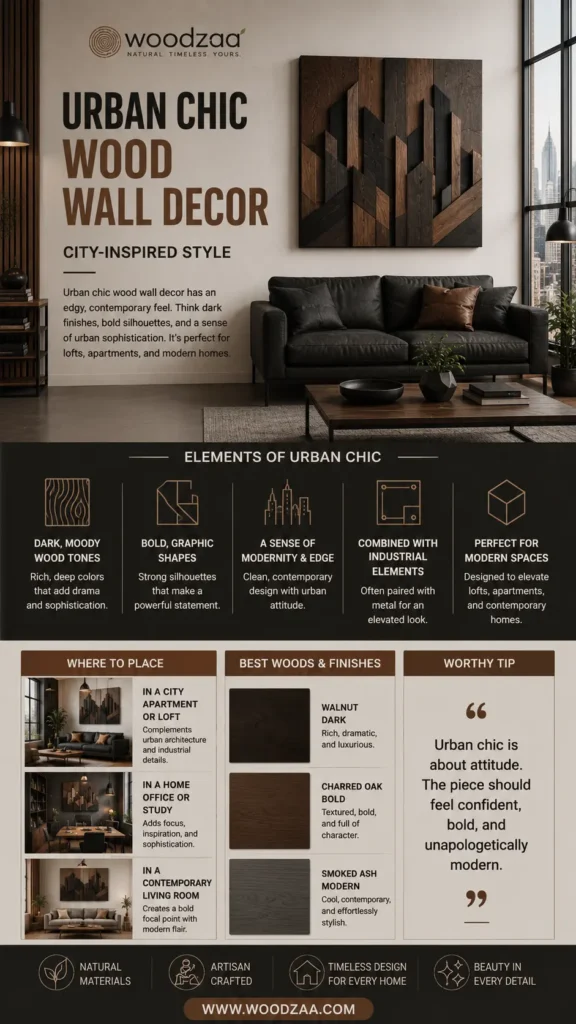 An infographic by Woodzaa titled "Urban Chic Wood Wall Decor – City-Inspired Style." The top features a large square dark-wood art piece with blocky, skyscraper-like geometric shapes hanging above a black leather sofa. Below, sections cover "Elements of Urban Chic" (dark tones, bold graphic shapes, industrial combos), "Where to Place" (city apartments, home offices, contemporary living rooms), and "Best Woods & Finishes" (Walnut, Charred Oak, Smoked Ash). Includes www.woodzaa.com.