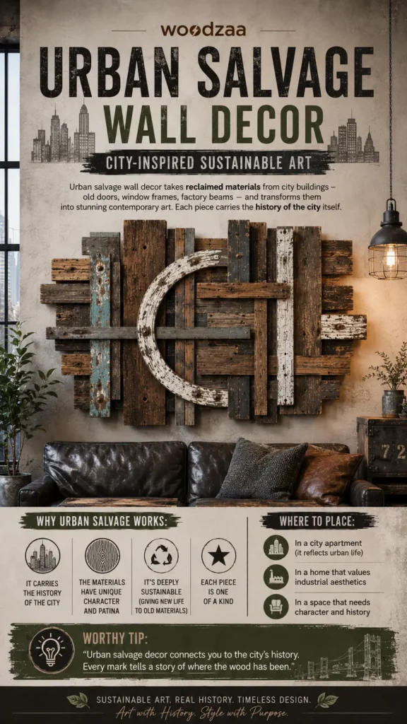 A Pinterest graphic titled "Urban Salvage Wall Decor: City-Inspired Sustainable Art" by Woodzaa. The center features a rustic, textured wall sculpture made of weathered, multi-colored reclaimed wood planks, dominated by a large distressed white semi-circle design. The piece hangs above a tufted dark leather sofa in an industrial space. The bottom sections detail "Why Urban Salvage Works"—highlighting history, patina, and sustainability—and "Where to Place," suggesting a city apartment or loft.