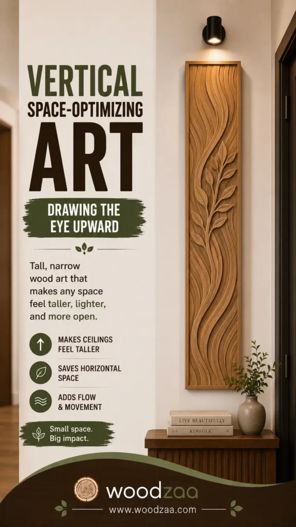 A Pinterest graphic titled "Vertical Space-Optimizing Art – Drawing the Eye Upward." On the right, a tall, narrow wooden wall panel with flowing wave textures and a carved leafy branch hangs under a black sconce above a wooden table with books and a vase. On the left, text highlights making ceilings feel taller and saving horizontal space. The bottom displays the Woodzaa logo and website www.woodzaa.com.