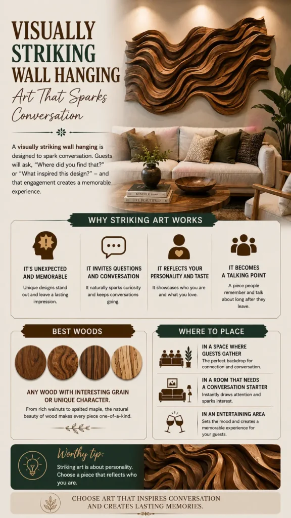 Vertical Pinterest infographic titled "Visually Striking Wall Hanging – Art That Sparks Conversation." Top photo showcases a large, wavy fluid-form wood sculpture mounted above a sofa in a modern living room. Sections break down "Why Striking Art Works," highlight "Best Woods" featuring unique grain characters (like walnut or spalted maple), and suggest placement ideas for gathering spaces and entertaining areas. Footer reads: "Choose art that inspires conversation and creates lasting memories."