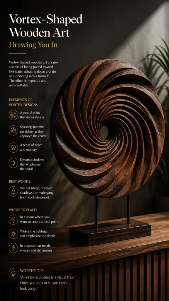 An infographic titled "Vortex-Shaped Wooden Art – Drawing You In." The right side features a large, circular wooden sculpture with a deep, mesmerizing spiral pattern leading to a central hollow point, mounted on two thin black metal posts with a rectangular wood base. The left side outlines design elements like spiraling lines and dynamic shadows, recommends walnut or mahogany woods, and offers home decor placement tips. A "Worthy Tip" quote is included at the bottom.