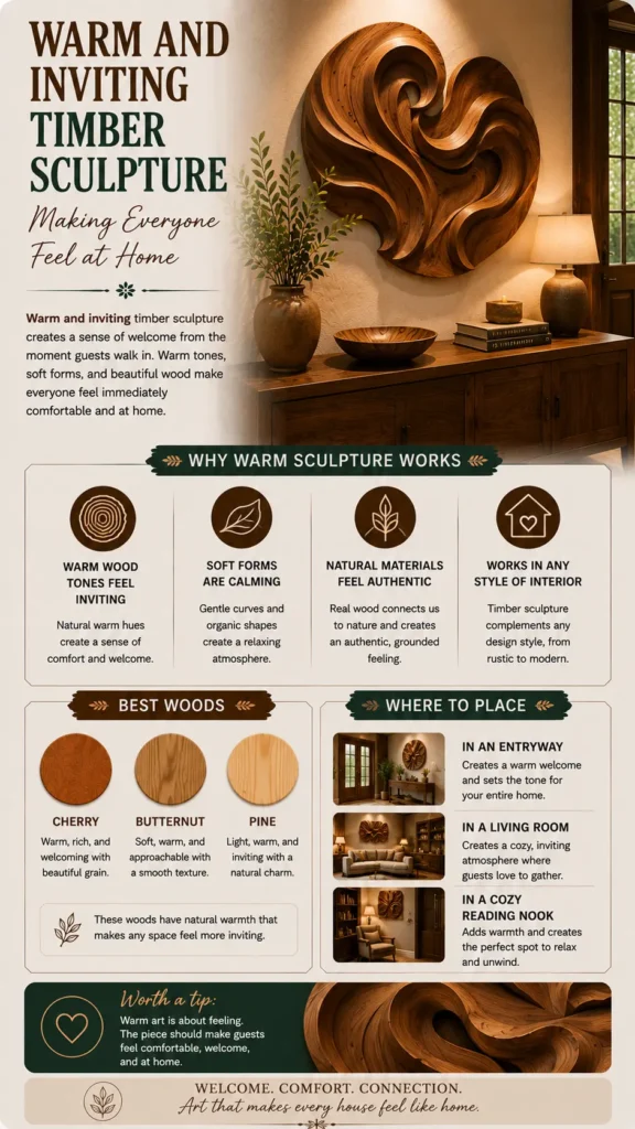 Vertical Pinterest infographic titled "Warm and Inviting Timber Sculpture – Making Everyone Feel at Home." The top photo displays an organic, swirling carved wooden sculpture mounted above a sideboard in a warm entry space. Key sections explain "Why Warm Sculpture Works," suggest placement ideas for entryways, living rooms, and reading nooks, and showcase "Best Woods" like Cherry, Butternut, and Pine. Footer text reads: "Welcome. Comfort. Connection. Art that makes every house feel like home."
