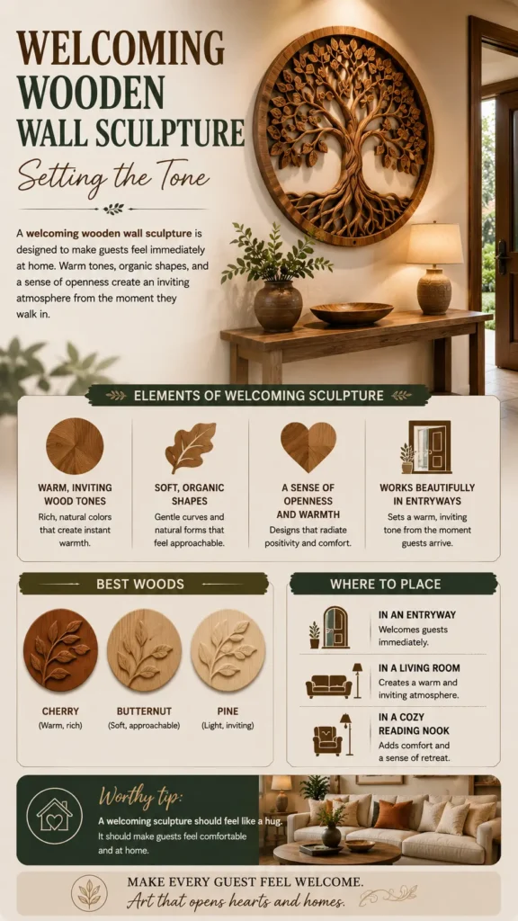 Vertical Pinterest infographic titled "Welcoming Wooden Wall Sculpture – Setting the Tone." Top image showcases a circular Tree of Life wood carving above an entryway console table. Key sections outline "Elements of Welcoming Sculpture," recommended "Best Woods" (Cherry, Butternut, Pine), and ideal placements like entryways, living rooms, or reading nooks. Bottom section features a cozy living room photo with the tagline, "Make every guest feel welcome. Art that opens hearts and homes."