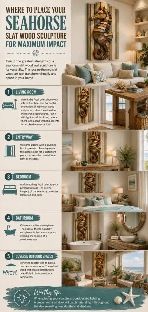 Where to Place Your Seahorse Slat Wood Sculpture for Maximum Impact." Shows 5 room placement ideas featuring a 3D wooden seahorse wall sculpture mounted on weathered slats: 1. Living Room (above sofa), 2. Entryway (above console table), 3. Bedroom (above bed), 4. Bathroom (above bathtub for a spa atmosphere), and 5. Covered Outdoor Spaces (patios, sunrooms). Bottom tip highlights placing art near windows for natural lighting.
