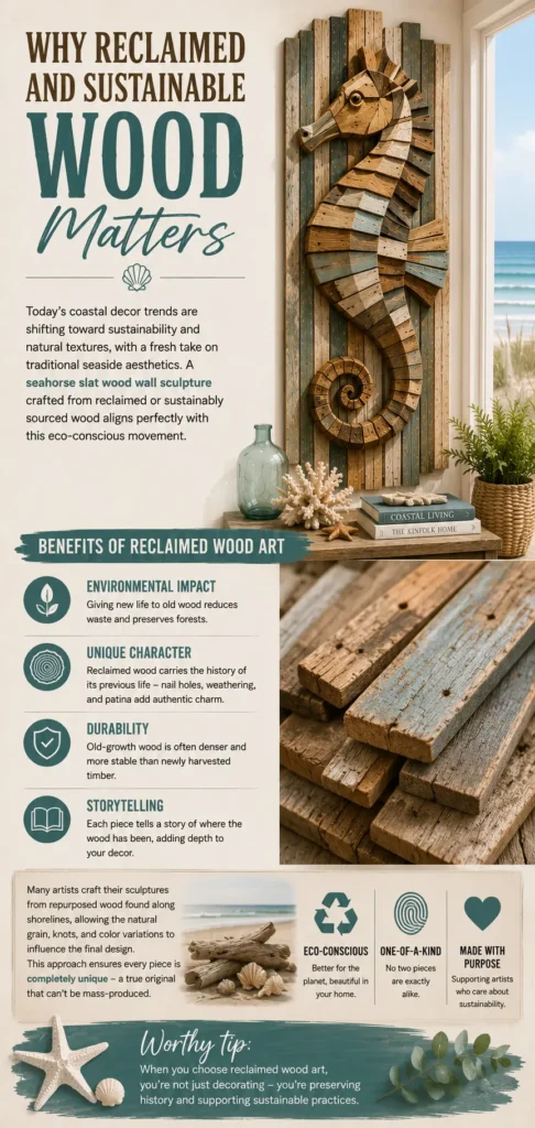 Why Reclaimed and Sustainable Wood Matters." Features a 3D wooden seahorse sculpture on weathered slats above a coastal console table, alongside stacked distressed wooden planks showing original nail holes and grain. Key benefits listed include: Environmental Impact, Unique Character, Durability, and Storytelling, with icons highlighting Eco-Conscious, One-Of-A-Kind, and Made With Purpose qualities for eco-friendly home decor.