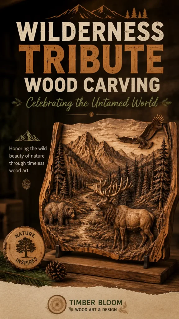 A detailed 3D wood relief carving of a mountain landscape featuring an elk, a bear, pine trees, and a soaring eagle. Above it, bold text reads "Wilderness Tribute Wood Carving - Celebrating the Untamed World" with text on the left stating "Honoring the wild beauty of nature through timeless wood art." A round wooden "Nature Inspires" badge sits at the bottom left, with the "Timber Bloom Wood Art & Design" logo centered at the bottom.