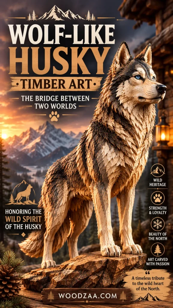 Hand-carved wooden wolf-like Husky statue standing on a rock base, set against a sunset mountain landscape. Text reads: "WOLF-LIKE HUSKY TIMBER ART • THE BRIDGE BETWEEN TWO WORLDS - Honoring the wild spirit of the Husky. A timeless tribute to the wild heart of the North." Icons on the side list: Wild Heritage, Strength & Loyalty, Beauty of the North, Art Carved with Passion. Vertical Pin layout with "WOODZAA.COM" wooden banner at the bottom.