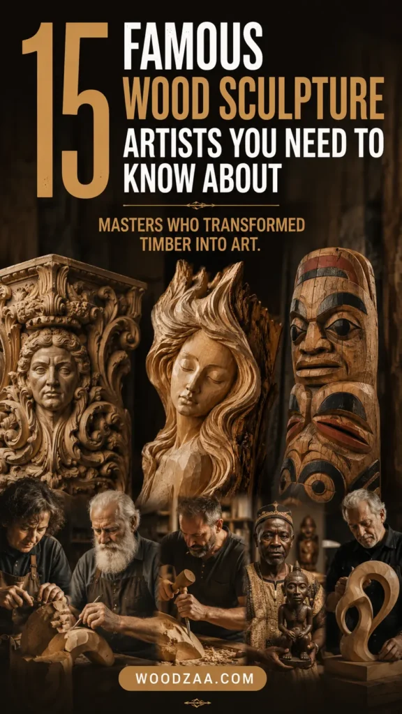Pinterest graphic titled "15 Famous Wood Sculpture Artists You Need to Know About - Masters Who Transformed Timber Into Art." The top displays bold gold and white text over three intricate wood carvings: a classical ornate face with scrollwork, a flowing sculpture of a serene woman's face, and a traditional carved totem pole. Below are five wood sculptors at work in their workshops using chisels and mallets on various timber creations. At the bottom, a gold banner displays "WOODZAA.COM".