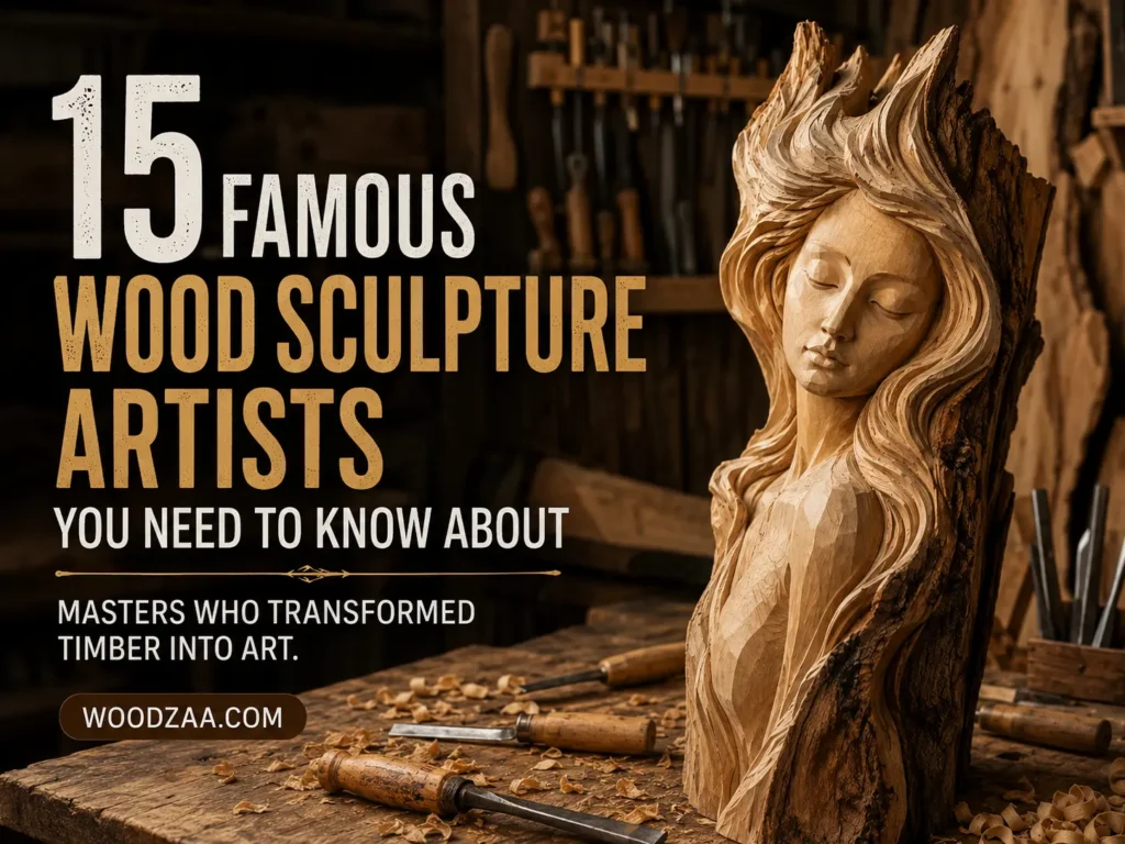 Pinterest graphic titled "15 Famous Wood Sculpture Artists You Need to Know About - Masters Who Transformed Timber Into Art." On the left, bold white and gold text is displayed above a small dark tag for "WOODZAA.COM". On the right sits a detailed wood carving of a woman with closed eyes and flowing hair carved into a piece of raw timber. Hand chisels and wood shavings are scattered across a rustic workshop table around the sculpture.Pinterest graphic titled "15 Famous Wood Sculpture Artists You Need to Know About - Masters Who Transformed Timber Into Art." On the left, bold white and gold text is displayed above a small dark tag for "WOODZAA.COM". On the right sits a detailed wood carving of a woman with closed eyes and flowing hair carved into a piece of raw timber. Hand chisels and wood shavings are scattered across a rustic workshop table around the sculpture.