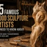 Pinterest graphic titled "15 Famous Wood Sculpture Artists You Need to Know About - Masters Who Transformed Timber Into Art." On the left, bold white and gold text is displayed above a small dark tag for "WOODZAA.COM". On the right sits a detailed wood carving of a woman with closed eyes and flowing hair carved into a piece of raw timber. Hand chisels and wood shavings are scattered across a rustic workshop table around the sculpture.Pinterest graphic titled "15 Famous Wood Sculpture Artists You Need to Know About - Masters Who Transformed Timber Into Art." On the left, bold white and gold text is displayed above a small dark tag for "WOODZAA.COM". On the right sits a detailed wood carving of a woman with closed eyes and flowing hair carved into a piece of raw timber. Hand chisels and wood shavings are scattered across a rustic workshop table around the sculpture.