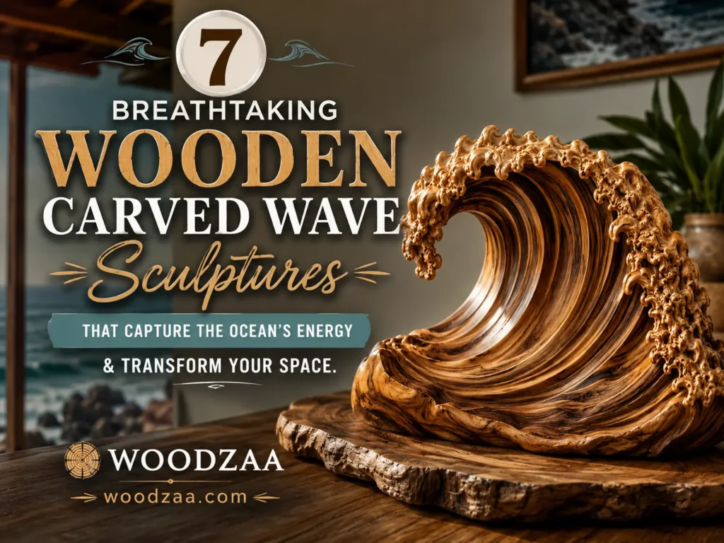 Pinterest graphic featuring bold text: "7 Breathtaking Wooden Carved Wave Sculptures That Capture the Ocean's Energy & Transform Your Space." On the right sits an intricately carved wooden sculpture of a breaking ocean wave, with rich wood grain and detailed sea foam accents, displayed on a natural wood slab. The background shows a coastal room overlooking a sunny beach. The bottom left includes the WOODZAA tree-ring logo and website link, woodzaa.com.
