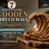 Pinterest graphic featuring bold text: "7 Breathtaking Wooden Carved Wave Sculptures That Capture the Ocean's Energy & Transform Your Space." On the right sits an intricately carved wooden sculpture of a breaking ocean wave, with rich wood grain and detailed sea foam accents, displayed on a natural wood slab. The background shows a coastal room overlooking a sunny beach. The bottom left includes the WOODZAA tree-ring logo and website link, woodzaa.com.