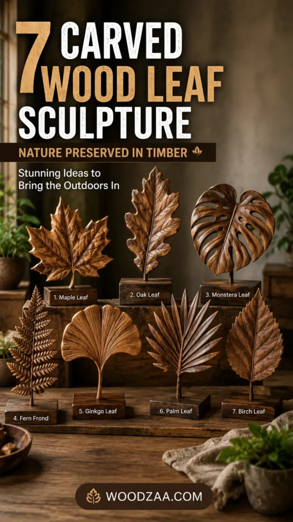 Pinterest graphic titled "7 Carved Wood Leaf Sculpture: Nature Preserved in Timber - Stunning Ideas to Bring the Outdoors In." The image displays seven detailed wooden leaf sculptures on dark wood bases, arranged on a rustic wooden table: top row includes a Maple Leaf, Oak Leaf, and Monstera Leaf; bottom row shows a Fern Frond, Ginkgo Leaf, Palm Leaf, and Birch Leaf. Warm, natural decor background with the logo WOODZAA.COM at the bottom.