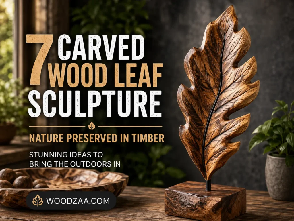 Pinterest graphic titled "7 CARVED WOOD LEAF SCULPTURE: NATURE PRESERVED IN TIMBER - STUNNING IDEAS TO BRING THE OUTDOORS IN." The image displays a detailed wooden leaf sculpture mounted on a metal stem and solid block base on a rustic wooden table. To the left is a carved bowl with decorative spheres, and to the right sits a potted green plant against a dark, warm background. The bottom left features the website logo WOODZAA.COM.