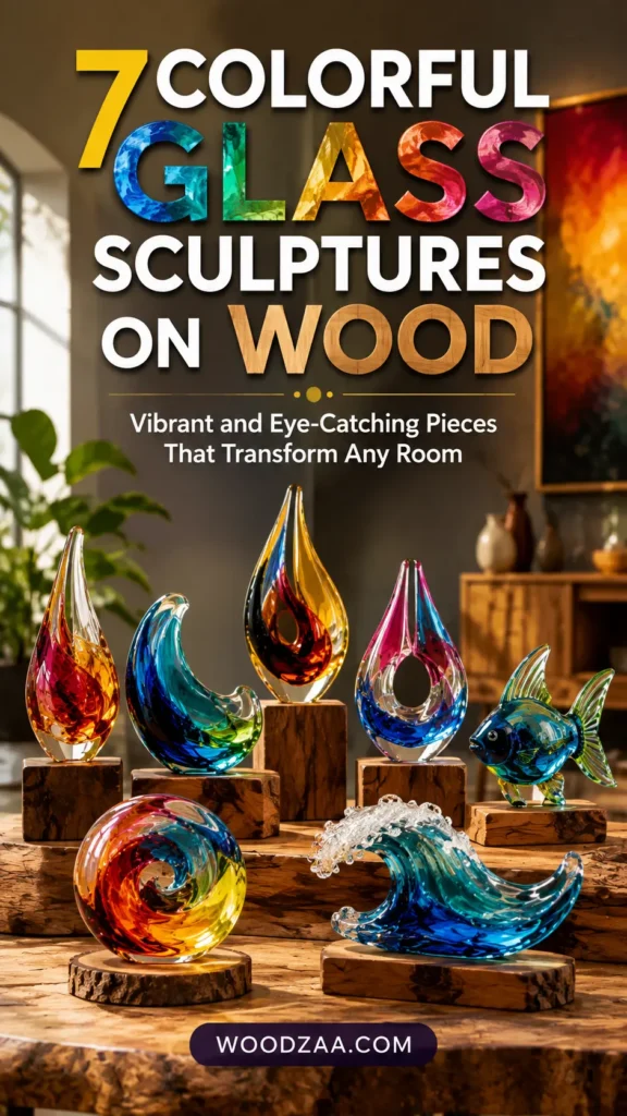 Vertical Pinterest graphic featuring bold header text reading "7 COLORFUL GLASS SCULPTURES ON WOOD" with rainbow-patterned lettering and the subtitle "Vibrant and Eye-Catching Pieces That Transform Any Room." Below, seven artistic glass sculptures sit on rustic wood bases. The collection includes teardrop shapes, a crescent, a swirling sphere, a splashing ocean wave, and a detailed blue-green glass fish. Colors swirl in vibrant red, yellow, turquoise, pink, and cobalt. "WOODZAA.COM" is tagged at the bottom.