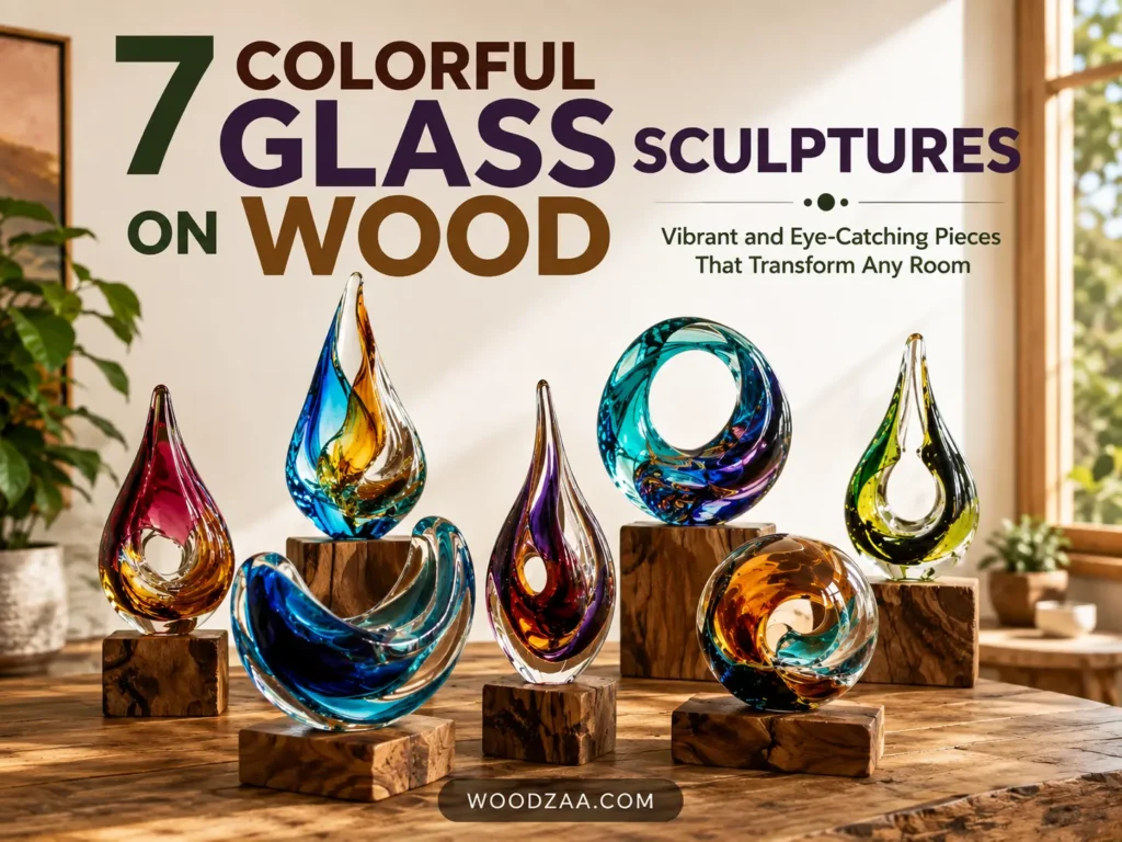 Horizontal Pinterest image displaying bold text reading "7 COLORFUL GLASS SCULPTURES ON WOOD" alongside the subtitle "Vibrant and Eye-Catching Pieces That Transform Any Room." Below, seven hand-blown glass decor pieces—featuring flame, teardrop, crescent, circular, and spherical shapes—are mounted on natural wood bases across a wooden tabletop. Swirling colors of turquoise, magenta, amber, green, and deep purple shine in soft sunlight. "WOODZAA.COM" is displayed at the bottom center.