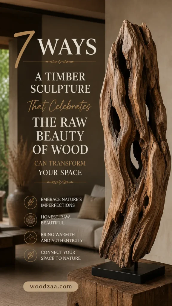 A vertical Pinterest graphic featuring a large, organic timber sculpture with natural wood grain, hollows, and weathered textures, mounted on a black metal base over a wooden block. The left side contains elegant gold and white text reading "7 WAYS A TIMBER SCULPTURE That Celebrates THE RAW BEAUTY OF WOOD CAN TRANSFORM YOUR SPACE" alongside four key benefits with minimalist icons. Set against a blurred, modern minimalist interior background. Includes the website link woodzaa.com at the bottom.