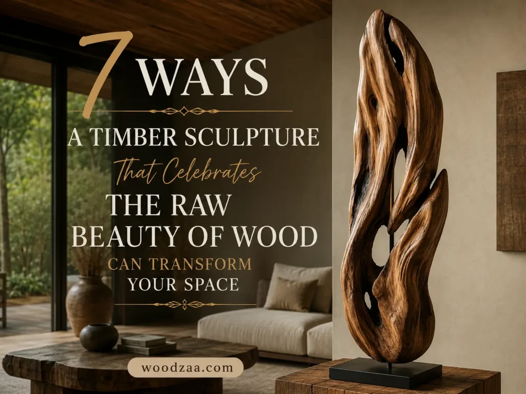 Horizontal Pinterest graphic featuring an abstract organic timber sculpture on the right, displayed on a black metal base over a rustic wooden block. The sculpture highlights natural wood grains, smooth curves, and hollow openings. On the left, stylish text reads "7 WAYS A TIMBER SCULPTURE That Celebrates THE RAW BEAUTY OF WOOD CAN TRANSFORM YOUR SPACE". The background showcases a warm, minimalist living room with neutral seating, wood elements, and large windows. Includes woodzaa.com at the bottom.