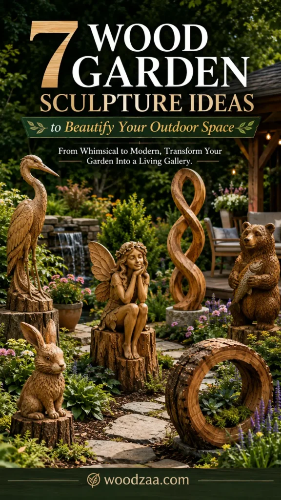 A Pinterest graphic titled "7 Wood Garden Sculpture Ideas to Beautify Your Outdoor Space" featuring the tagline "From Whimsical to Modern, Transform Your Garden Into a Living Gallery." Below the text, a lush green garden setting displays seven carved wooden sculptures: a tall heron, a sitting rabbit, a fairy perched on a stump, an abstract twist art piece, a bear holding a fish, and a hollow wooden log planter with succulents, with a small waterfall and outdoor patio setup in the background.