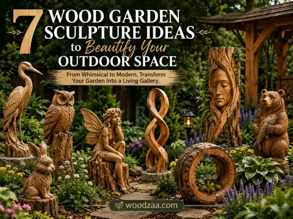 A Pinterest graphic titled "7 Wood Garden Sculpture Ideas to Beautify Your Outdoor Space" with the tagline "From Whimsical to Modern, Transform Your Garden Into a Living Gallery." Set in a lush backyard garden, the scene features carved wooden sculptures: a heron, an owl, a rabbit, a fairy on a tree stump, an abstract twist art piece, a tree trunk carved with a serene face, a bear holding a fish, and a circular wooden log planter with succulents. The website at the bottom reads "woodzaa.com".