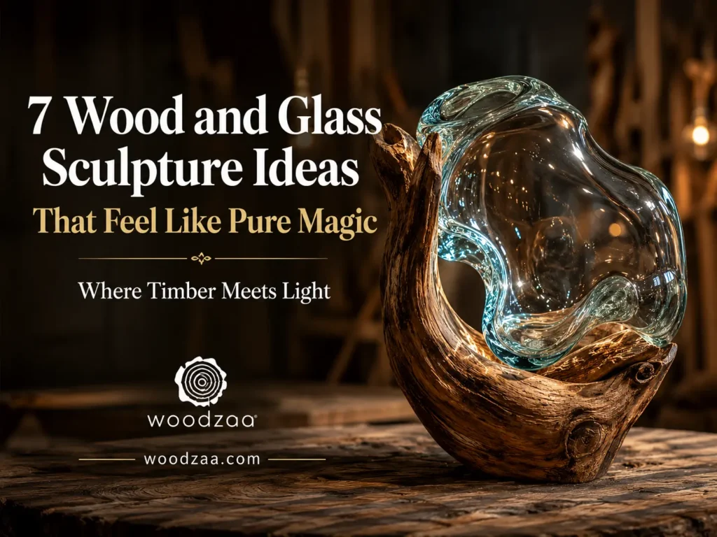 A horizontal Pinterest graphic featuring an glowing wood and glass sculpture sitting on a rustic wooden table. The sculpture consists of natural, curved driftwood cradling a molten, translucent light-blue glass form illuminated internally. On the left, white and gold text reads: "7 Wood and Glass Sculpture Ideas That Feel Like Pure Magic - Where Timber Meets Light." Below the text, the "woodzaa" logo and website URL woodzaa.com are prominently displayed.