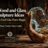 A horizontal Pinterest graphic featuring an glowing wood and glass sculpture sitting on a rustic wooden table. The sculpture consists of natural, curved driftwood cradling a molten, translucent light-blue glass form illuminated internally. On the left, white and gold text reads: "7 Wood and Glass Sculpture Ideas That Feel Like Pure Magic - Where Timber Meets Light." Below the text, the "woodzaa" logo and website URL woodzaa.com are prominently displayed.