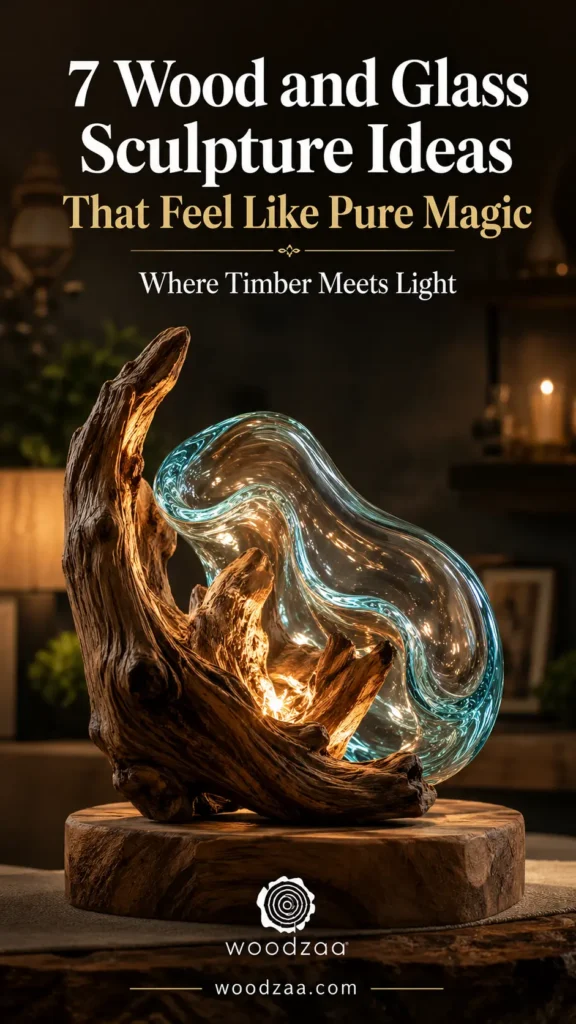 A vertical Pinterest graphic featuring a illuminated wood and glass sculpture sitting on a wooden surface. A curved piece of natural driftwood cradles a clear, molten light-blue glass form that glows gently from warm internal lighting. Above the sculpture, text reads: "7 Wood and Glass Sculpture Ideas That Feel Like Pure Magic - Where Timber Meets Light." At the bottom, the "woodzaa" logo and website URL woodzaa.com are centered against a dark background.