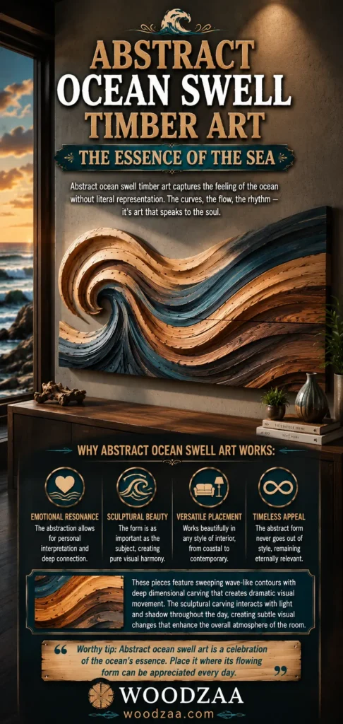 Pinterest graphic titled "ABSTRACT OCEAN SWELL TIMBER ART – THE ESSENCE OF THE SEA." Features a large horizontal wall art piece with sweeping, fluid wooden layers carved in blue, golden, and dark timber tones mimicking ocean waves. Four icons highlight key benefits: Emotional Resonance, Sculptural Beauty, Versatile Placement, and Timeless Appeal. Text details how light and shadow interact with the dimensional carving. Ends with a placement tip, the WOODZAA logo, and woodzaa.com.